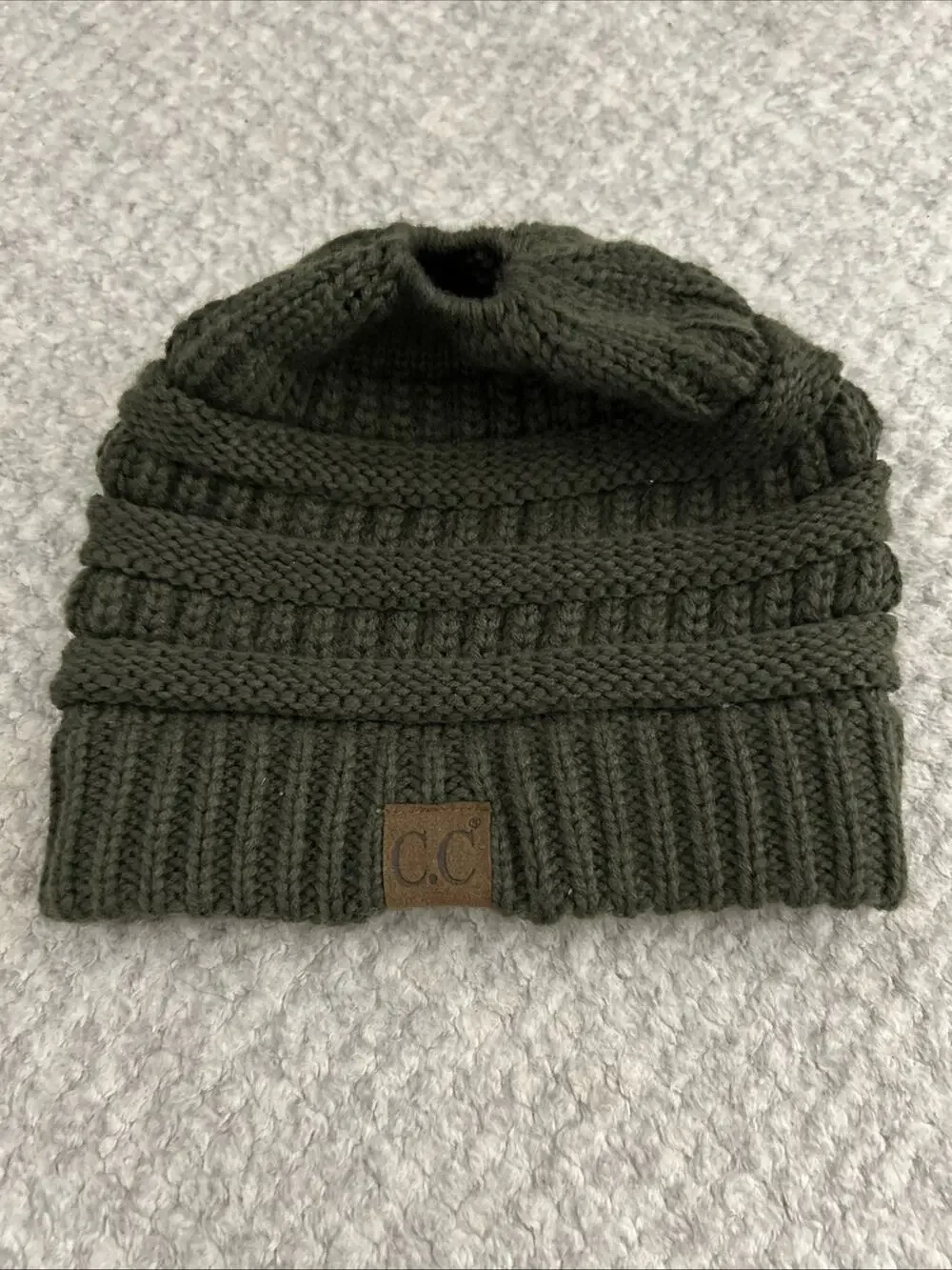 CC Exclusives Beanie Women's Knit Slouchy Cap Hat Olive Ponytail Hole Ski